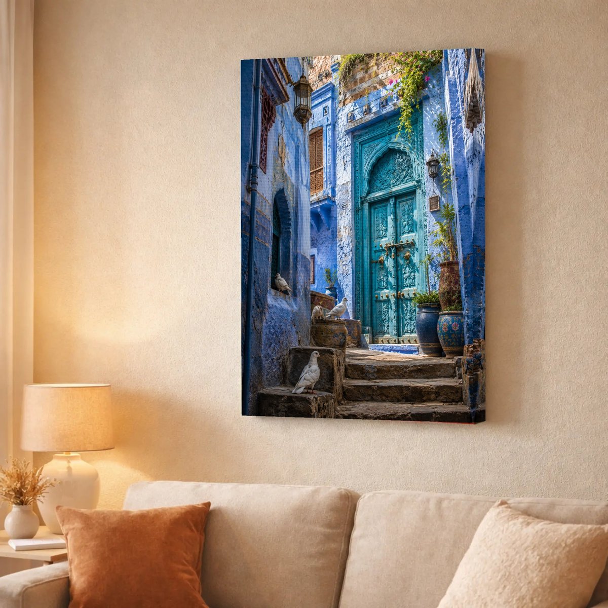 Azure Doorway, Whispering Pigeons — Canvas finish