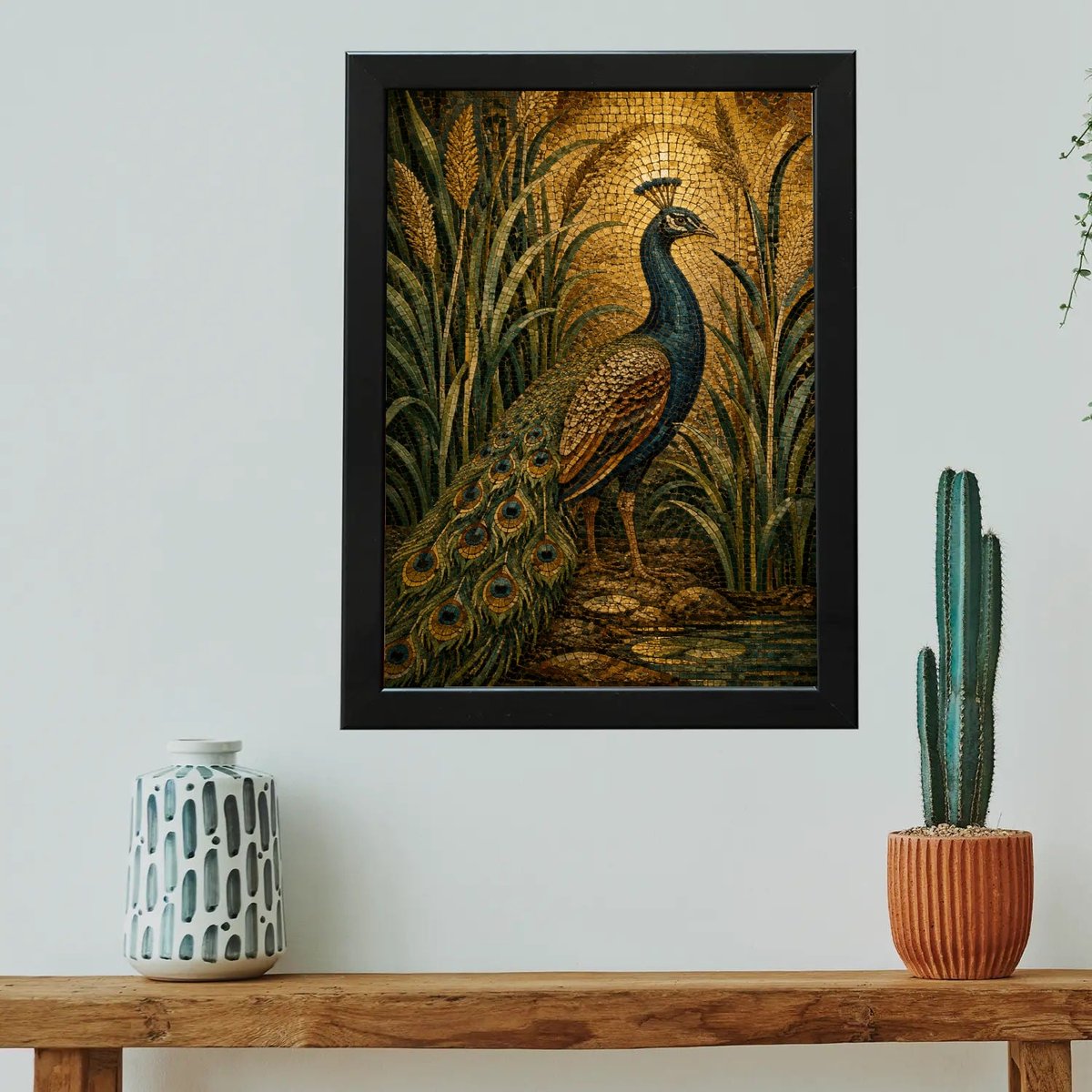 Peacock in Golden Grasses — Wooden finish
