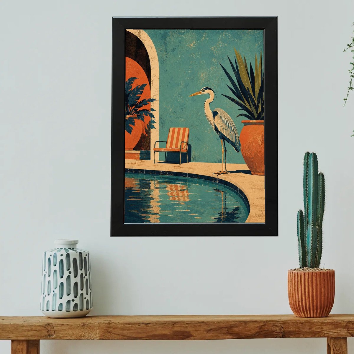 Tranquil Heron by the Pool — Wooden finish