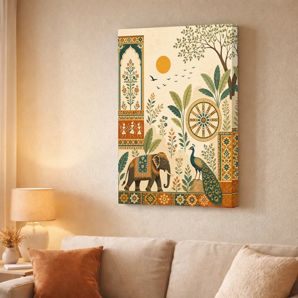 Rustic Indian Bloom with Elephant — Canvas finish