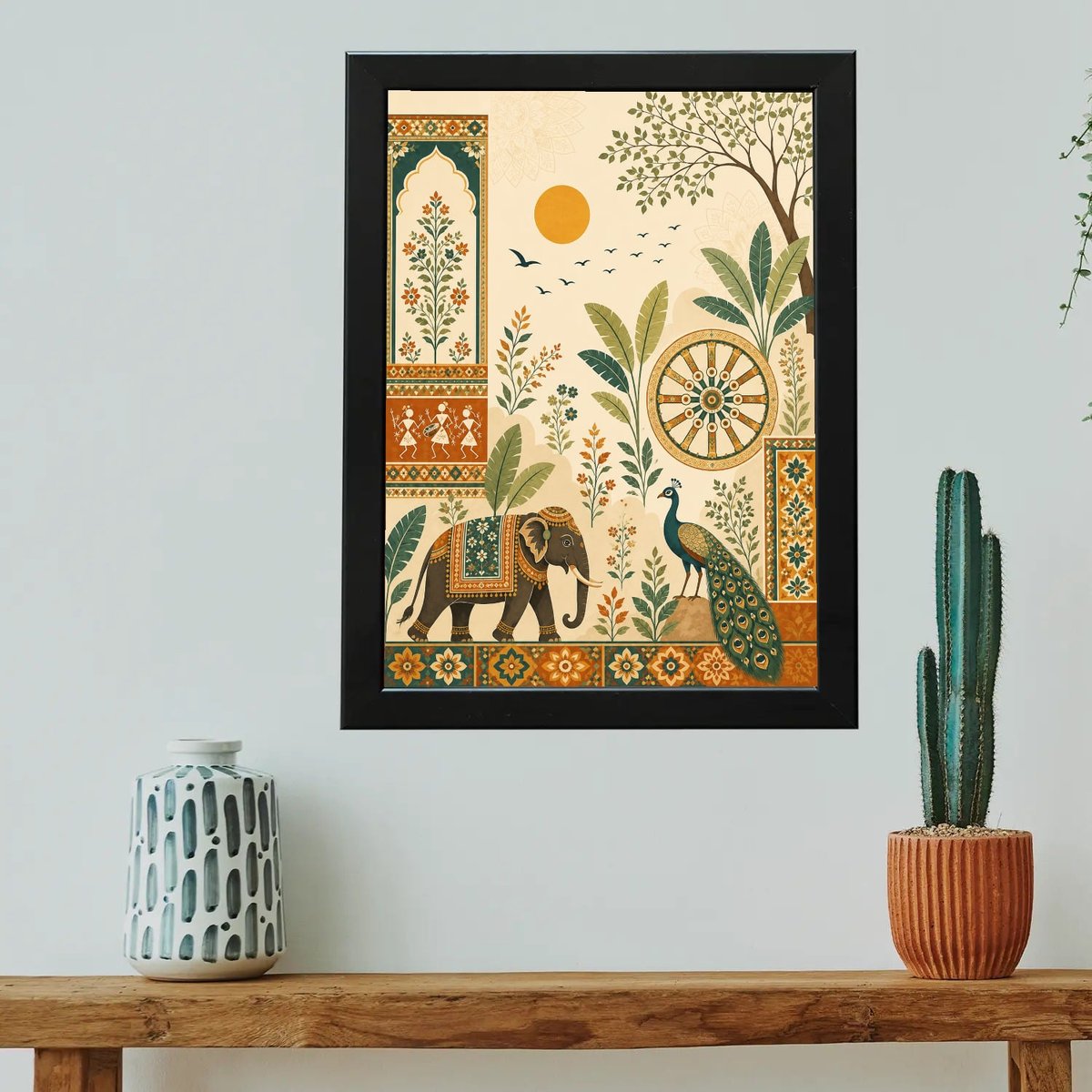 Rustic Indian Bloom with Elephant — Wooden finish