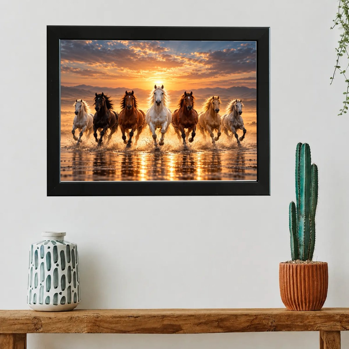 Galloping 7 Horses Sunset Wall Art — Wooden finish