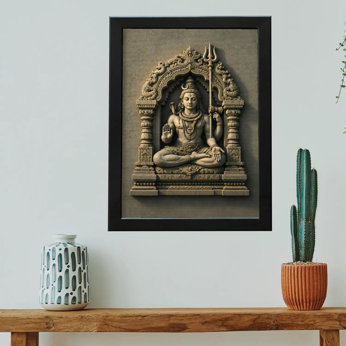 Lord Shiva Stone Relief Wall Art — Wooden finish