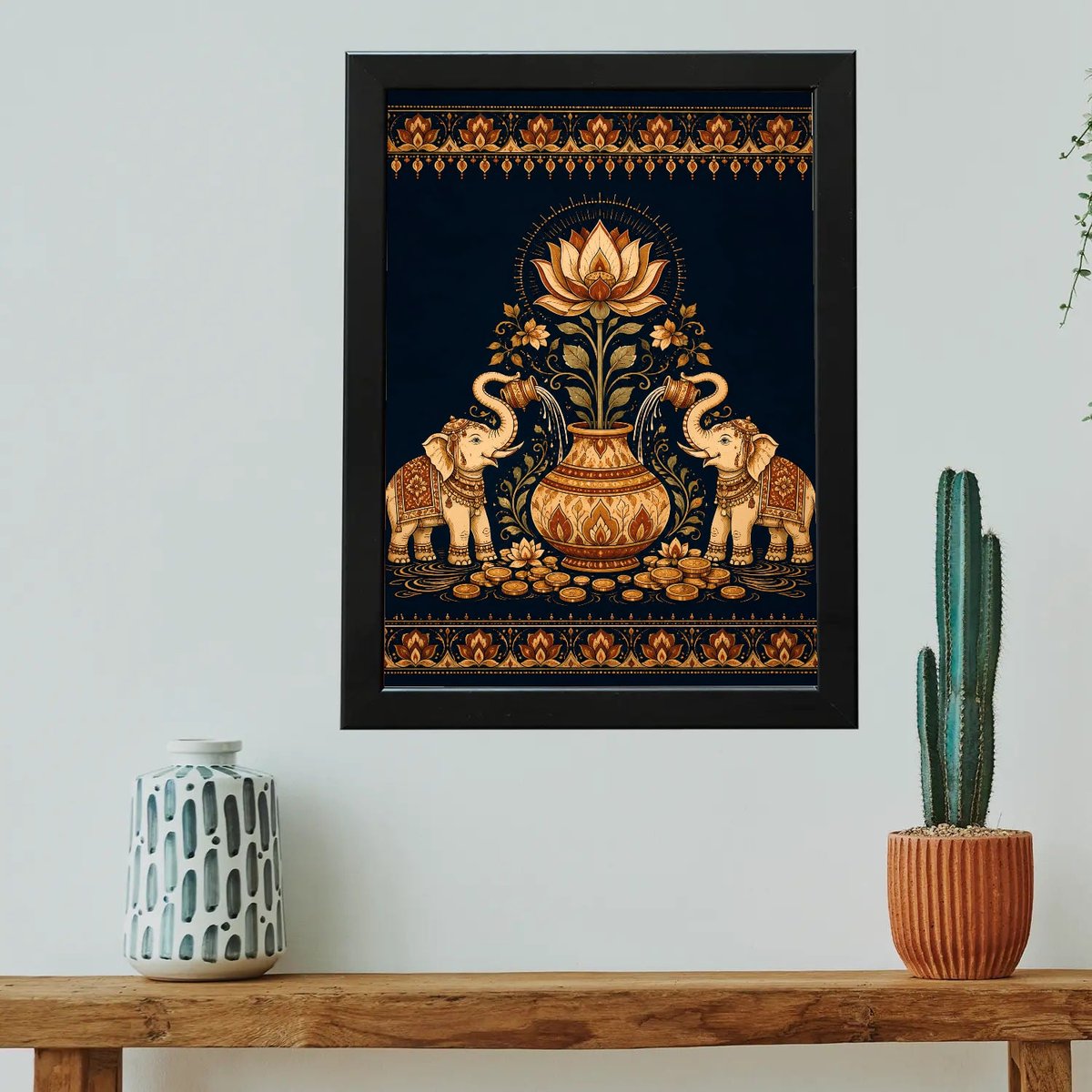 Elephant Lotus Wall Art for Prosperity — Wooden finish