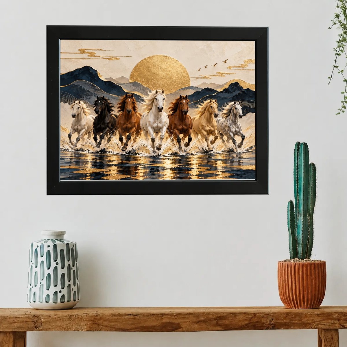Seven Horses Wall Art: Golden Dawn — Wooden finish