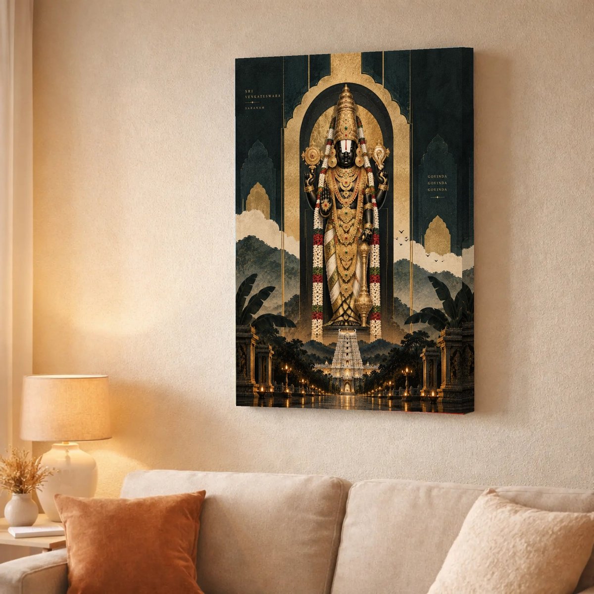 Venkateswara Wall Art with Temple Glow — Canvas finish