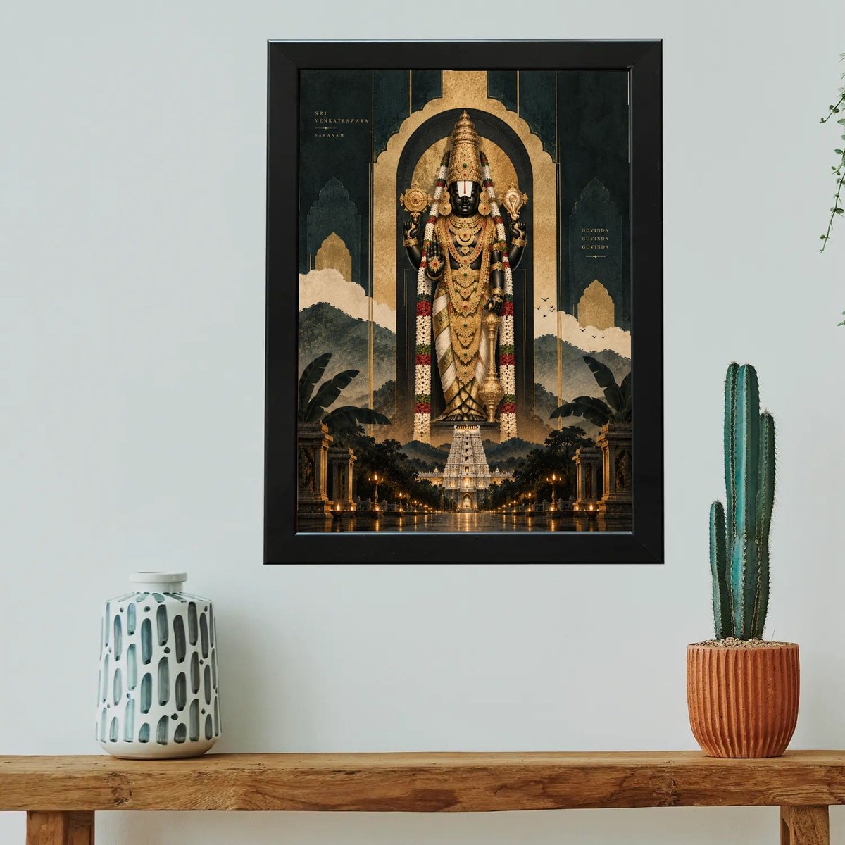 Venkateswara Wall Art with Temple Glow — Wooden finish